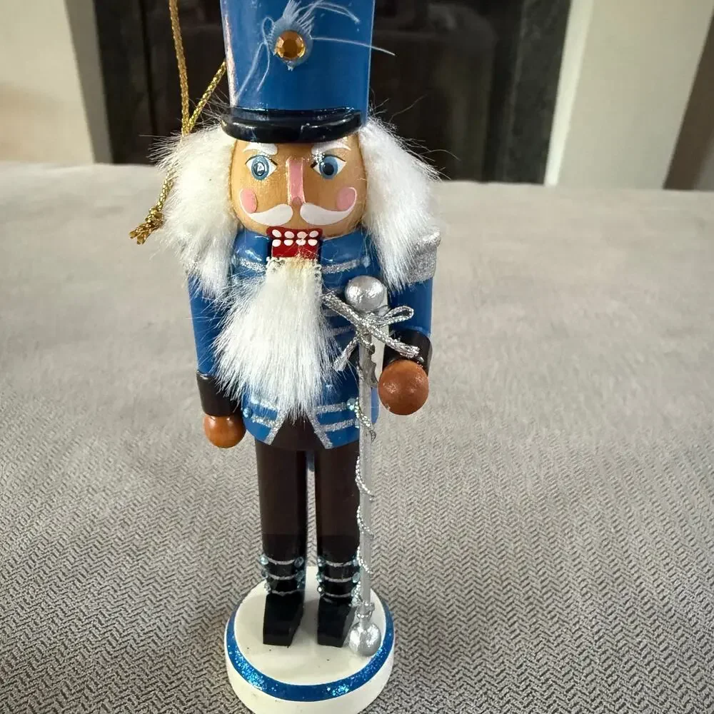 Blue Wooden Nutcracker Christmas Ornament Soldier Sword White Hair Holiday Decor